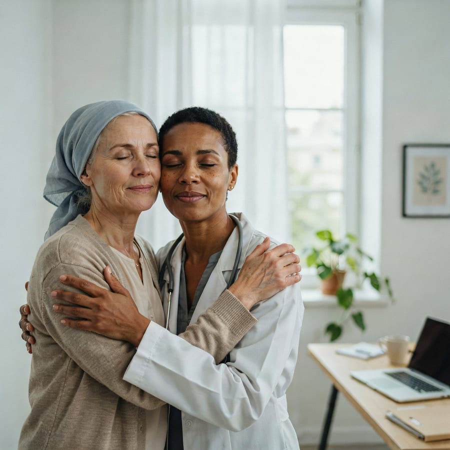 A cancer patient and doctor embracing