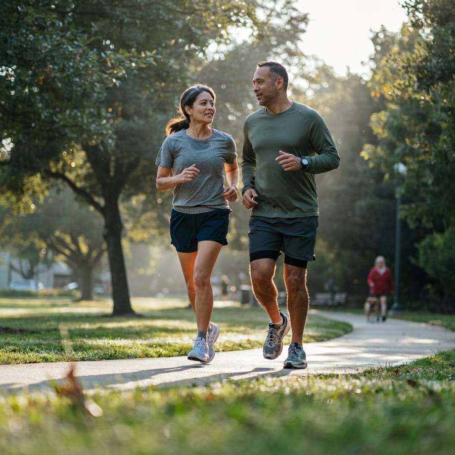 An active couple jogging together in the park