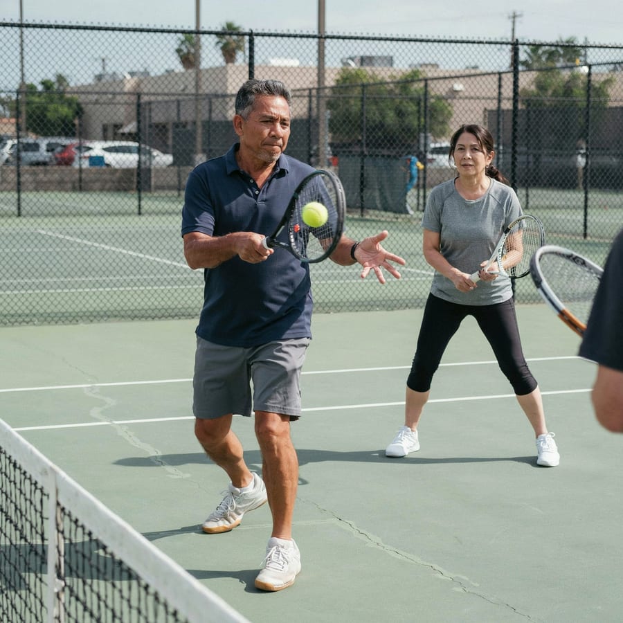 A couple playing doubles tennis