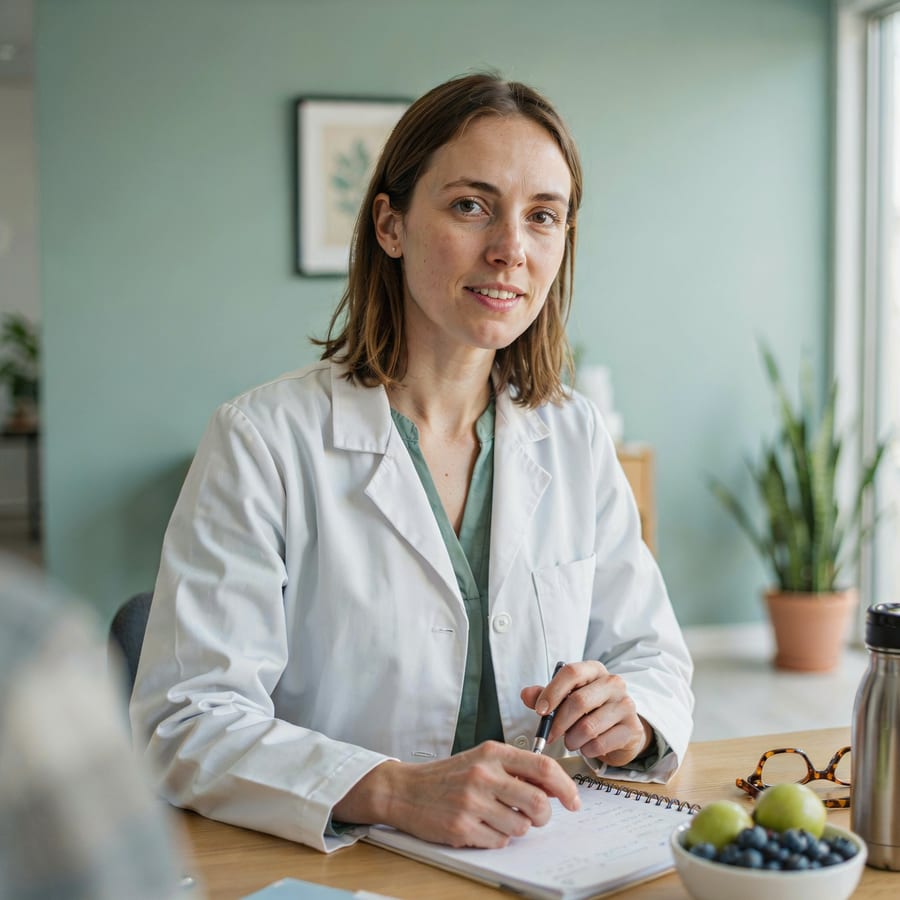 A dietitian smiling at a clinic desk