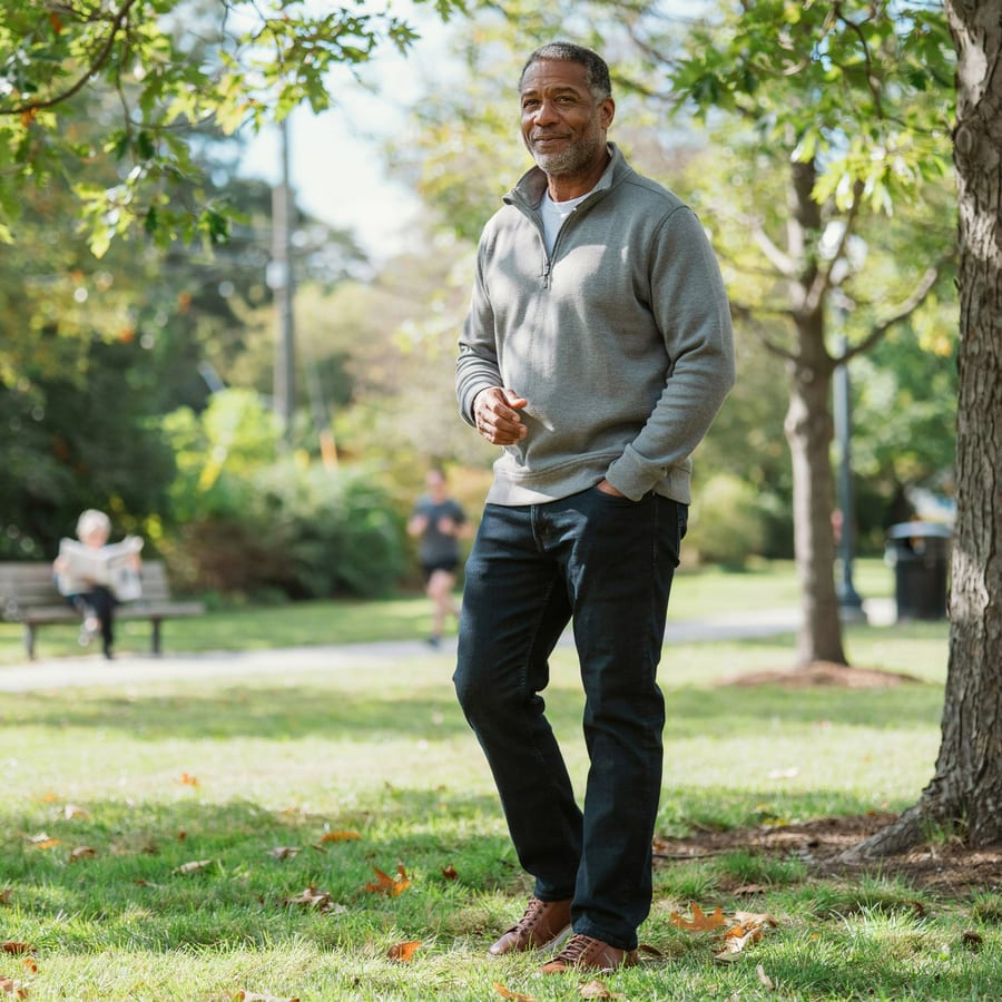 A healthy, confident man outdoors in a park