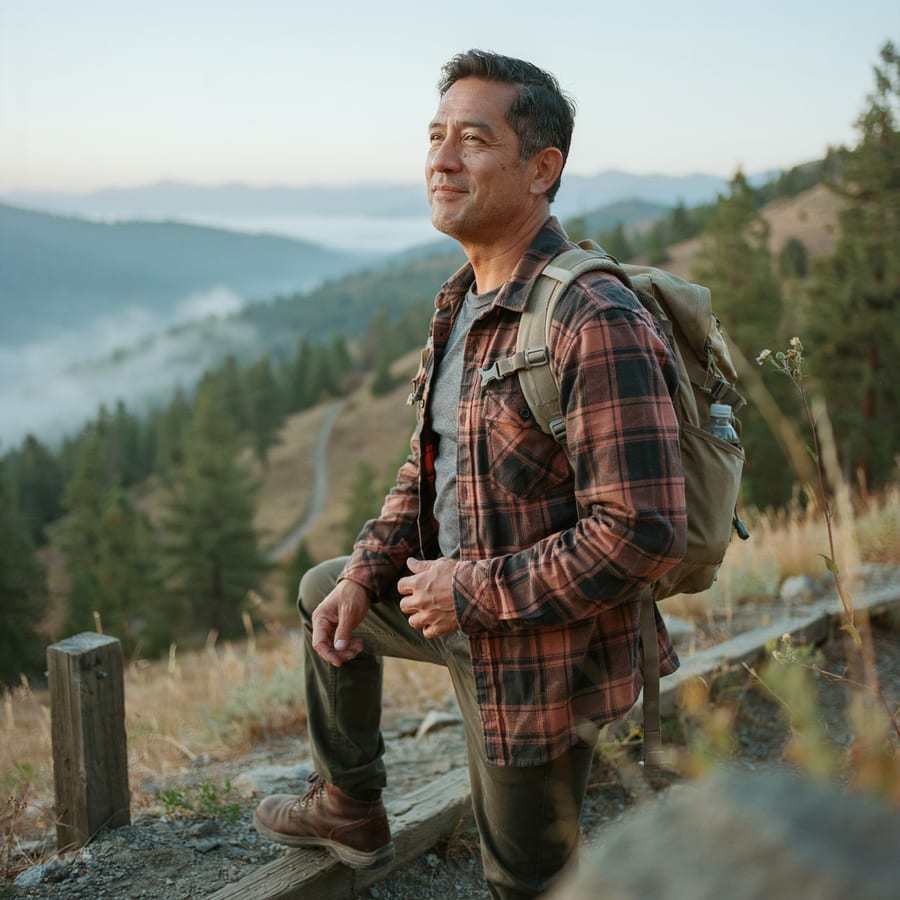 A man hiking a trail with a valley overlook