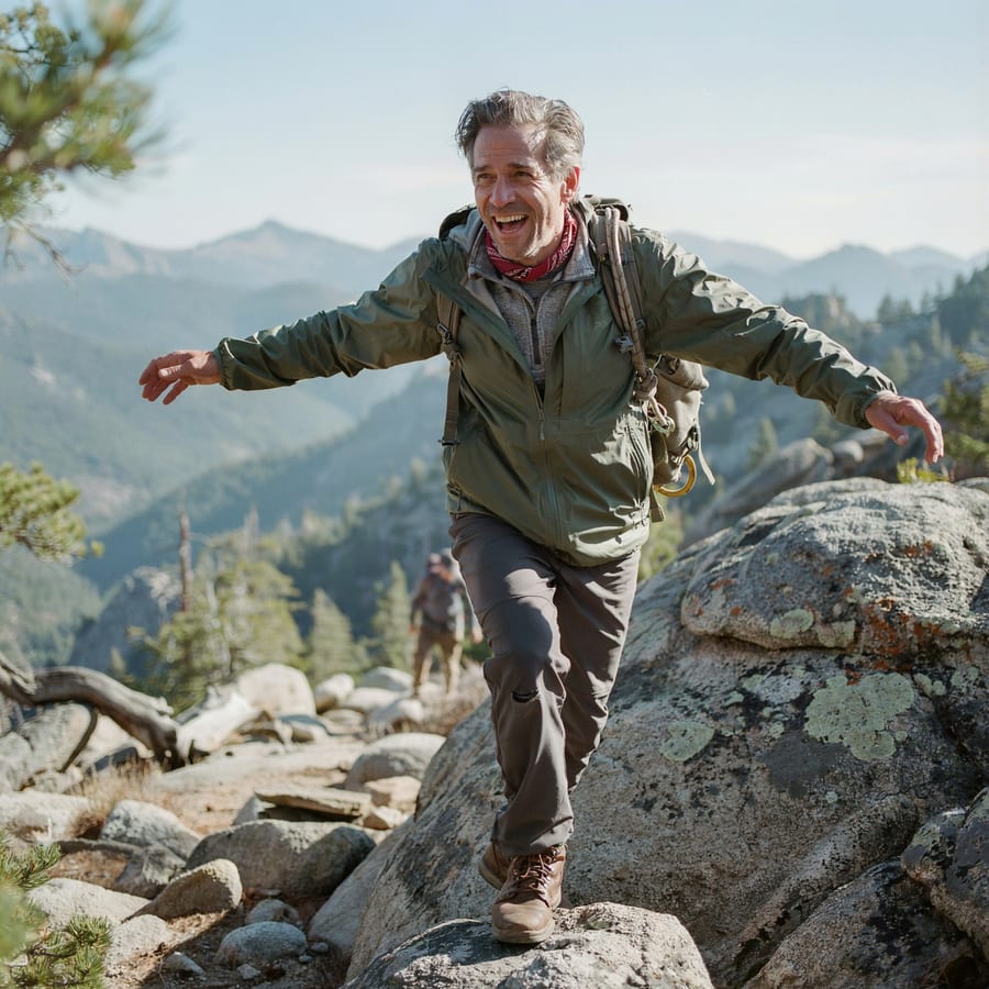 A man hiking up a rocky trail
