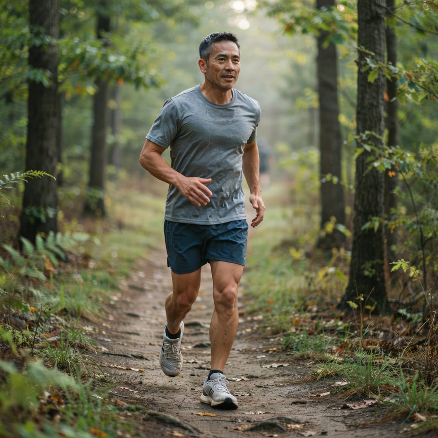 A man running on a wooded trail