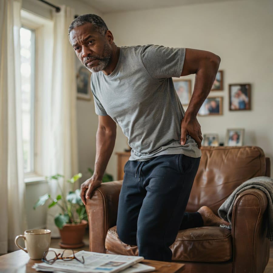 A man with back pain standing up