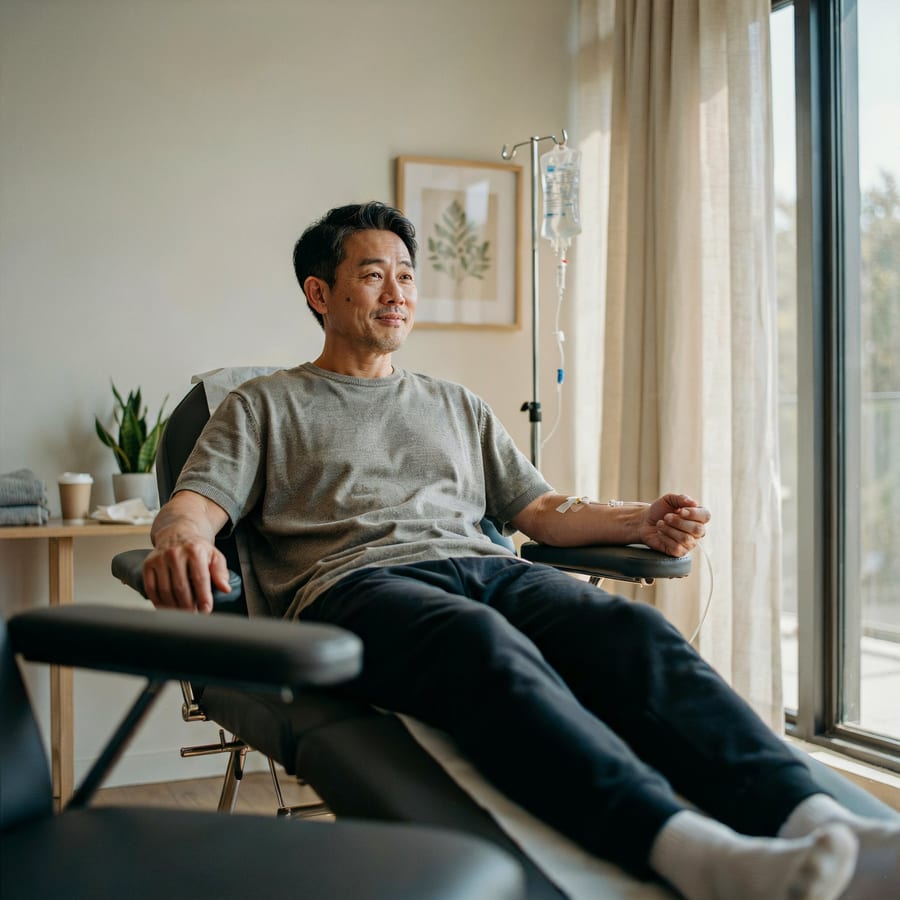 A relaxed man receiving IV therapy