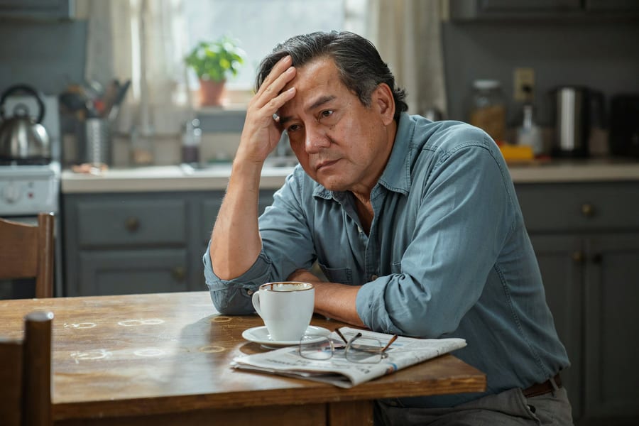 A fatigued man sitting alone at his kitchen table