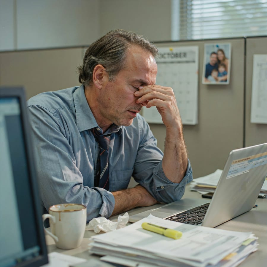 A tired man at his office desk