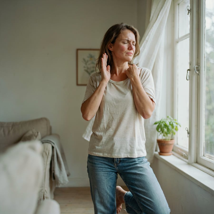 A woman experiencing menopause symptoms at home