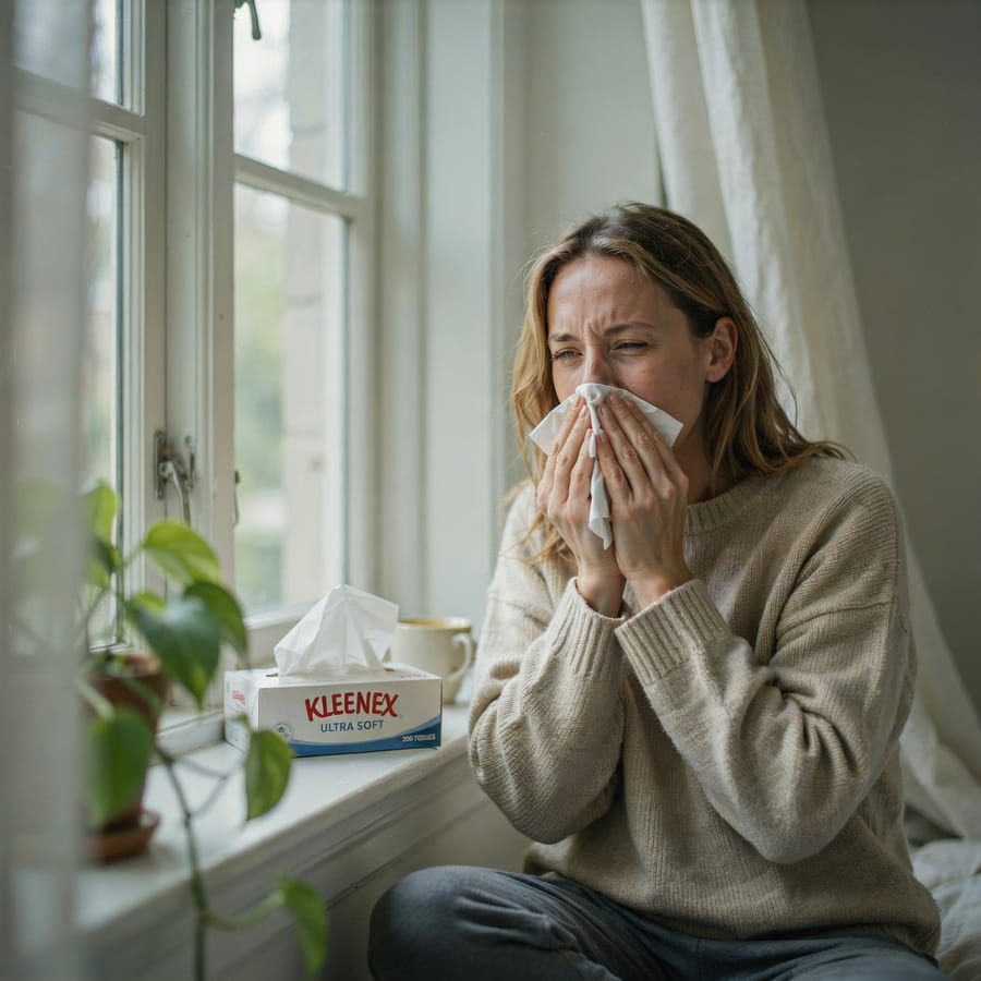 A woman sneezing into a tissue
