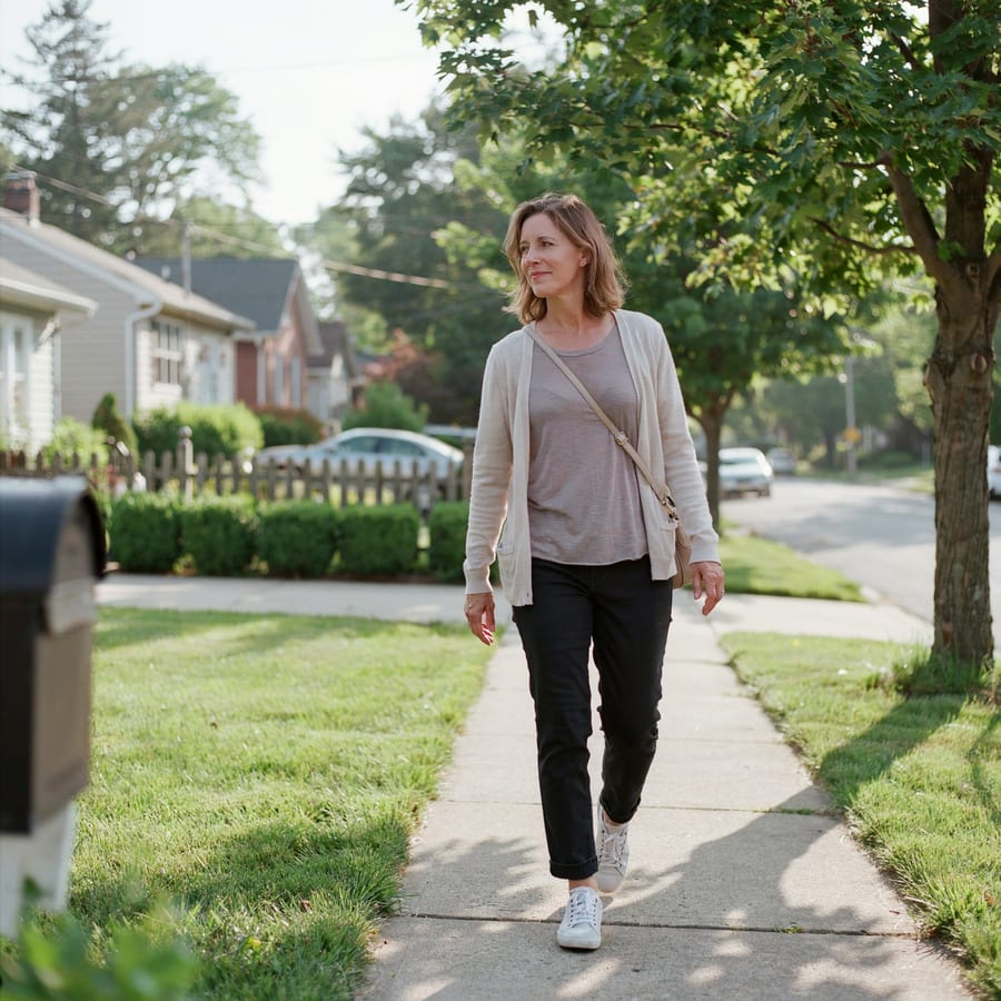 A woman walking in her neighborhood