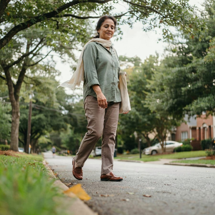 A woman walking along a tree-lined path